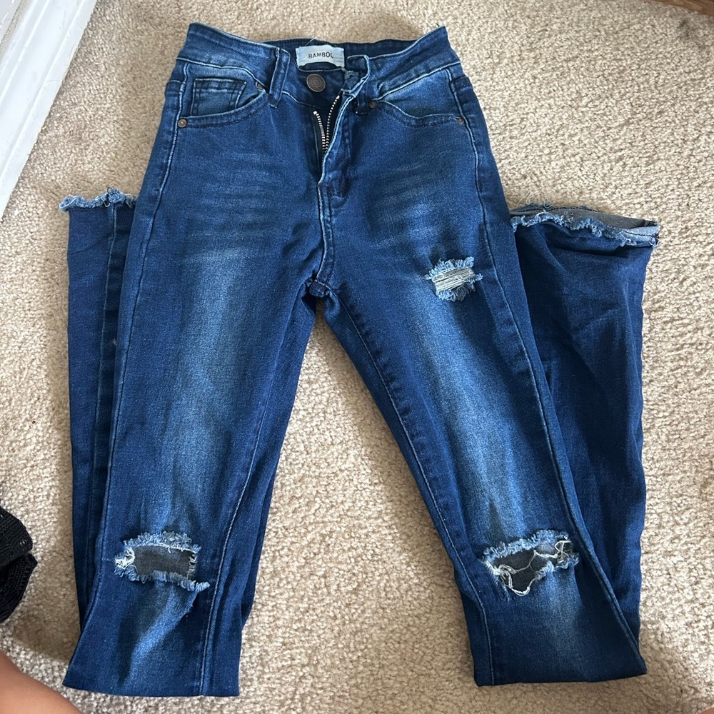 BAMBOO Dark Blue Ripped Skinny Jeans